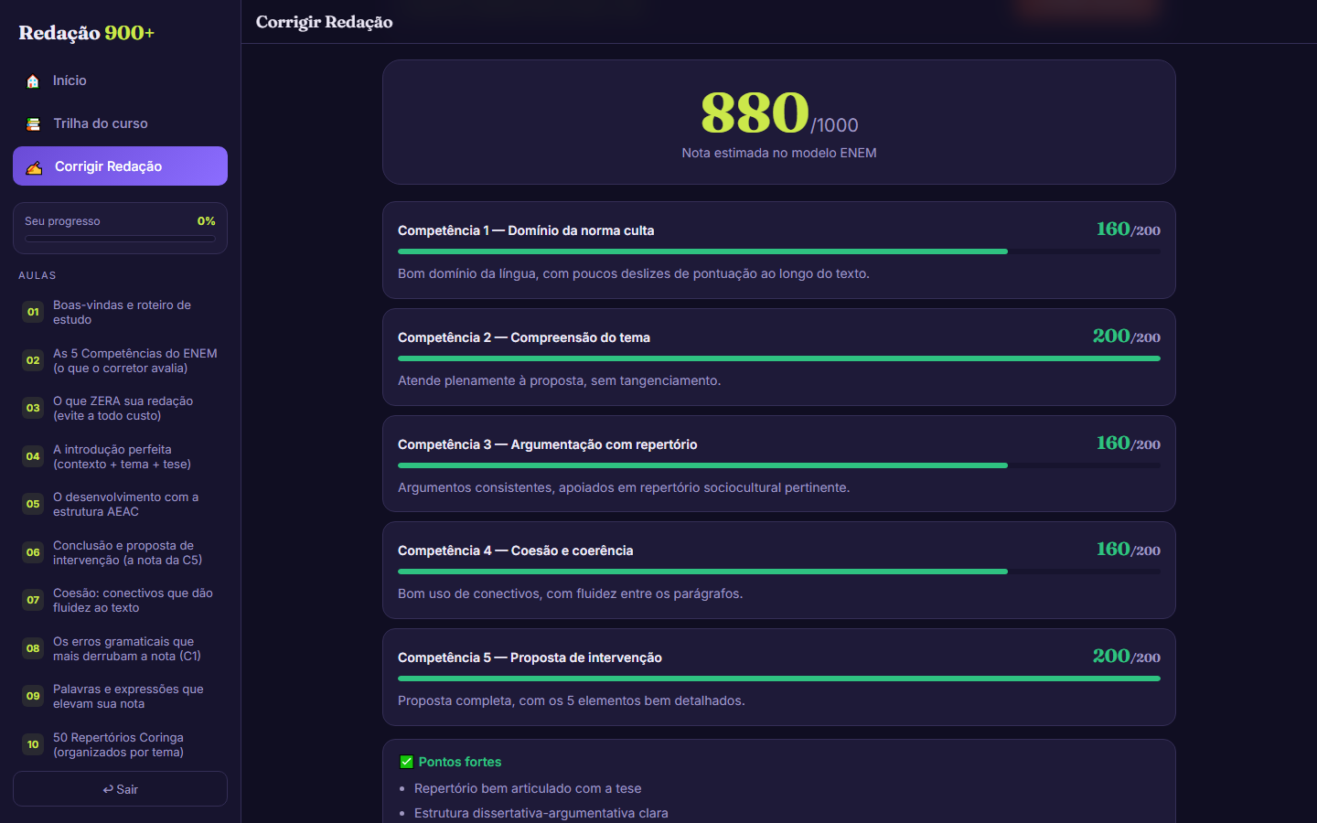 Tela do corretor de redação no computador, mostrando a nota 880/1000 e o detalhamento por competência