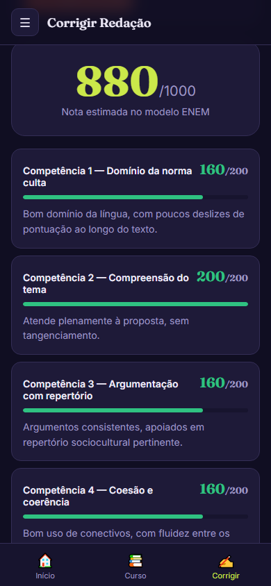 Tela do corretor de redação no celular, mostrando a nota e as competências avaliadas